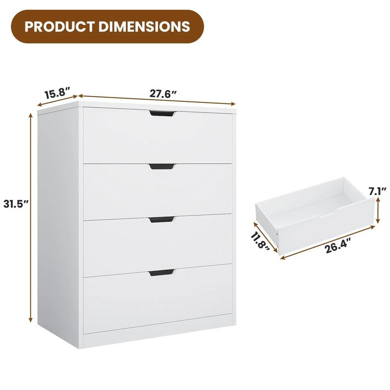 Sikaic Modern White Dresser with 4 Drawers Freestanding Wood Cupboard for Bedroom Living Room Hallway Storage Chest of Drawers with Metal Slide Rail Anti-tipping Belt