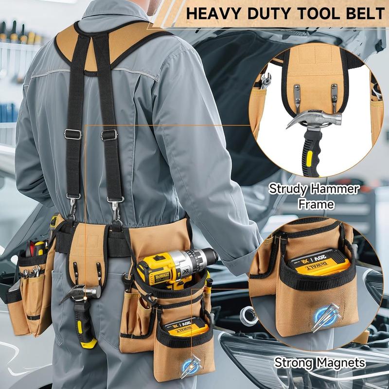 Tool Belt with Suspenders,27-Pockets Heavy Duty Tool Belts for Men with  Tool Pouch,Detachable & Adjustable Work Belt Bag for Electrician,Carpenter,Construction,Utility Toolbelt,Black,Brown