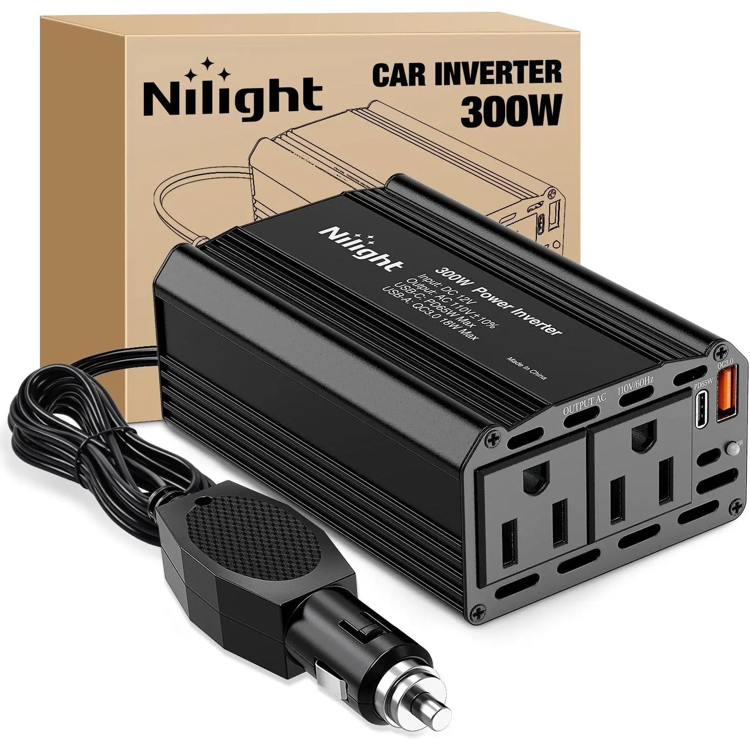 Nilight 12V DC to 110V AC 300W Car Power Inverter - Smart Charging Adapter with AC Outlet, 65W PD Type C Port, QC3.0 USB Ports, Cooling Fan for Car, Double Protection, Black (for Phones, Laptops)