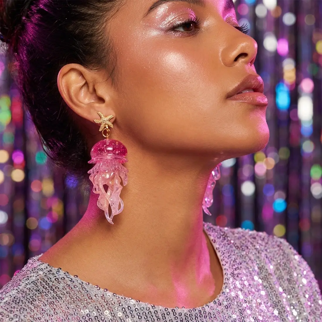 Statement Earrings for Women, Marine Gradient Starfish & Jellyfish Design, Lightweight Acrylic Plastic Dangles for Summer Beachwear, Fashion, Female