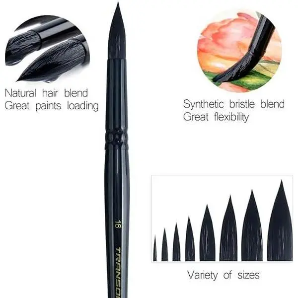 8pcs Round Watercolor Paint Brush Set Goat Hair for Watercolors,Acrylics,Inks,Gouache,Oil and Tempera Black Color