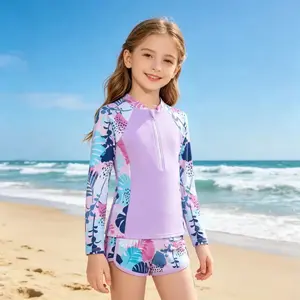 Fashionable color-blocked printed children's long-sleeve-piece swimsuit, comfortable and anti-exposure design, perfect girls' vacations on the island or at the water park