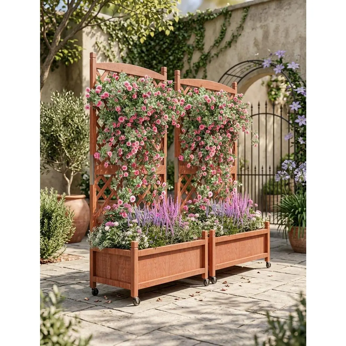 Large Raised Wooden Planter Boxes with Trellis & Wheels – Freestanding Mobile Vertical Garden Beds with Drainage – For Outdoor/Indoor Plants, Herbs, Flowers