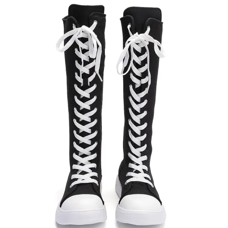Women Knee High Canvas Boots, Cross Lace Up Side Zipper Platform Tall Sneaker Boots, Flat Long Canvas Shoes Back To School Daily Wear