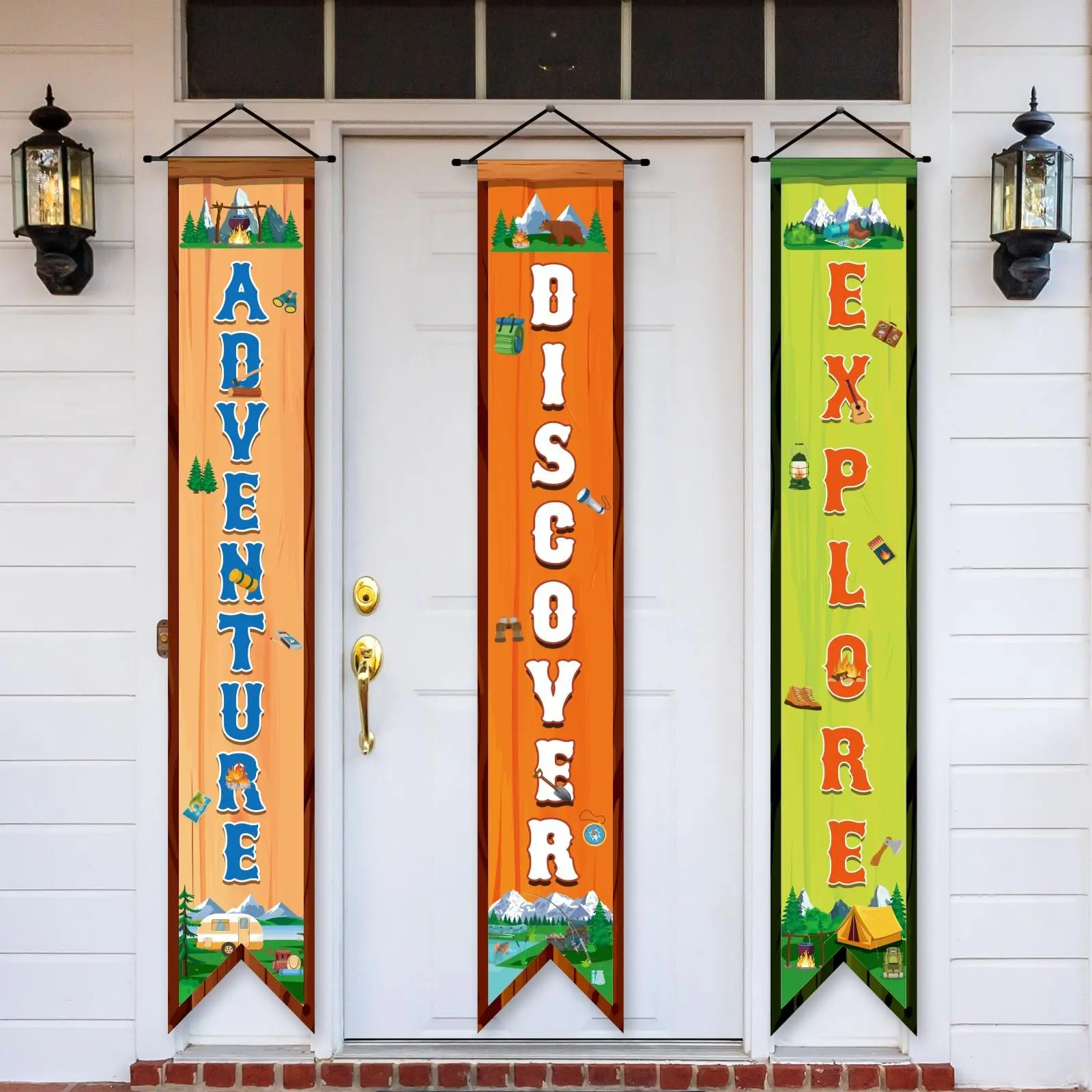 3-Piece Camping Party Decor Set, Camping Adventure Porch Sign Banner, “Welcome Campers” Door Banner, Camping-Themed Indoor and Outdoor Classroom Wall Decor, and Backyard Birthday Decor, Party Decorations, Decorative Banner
