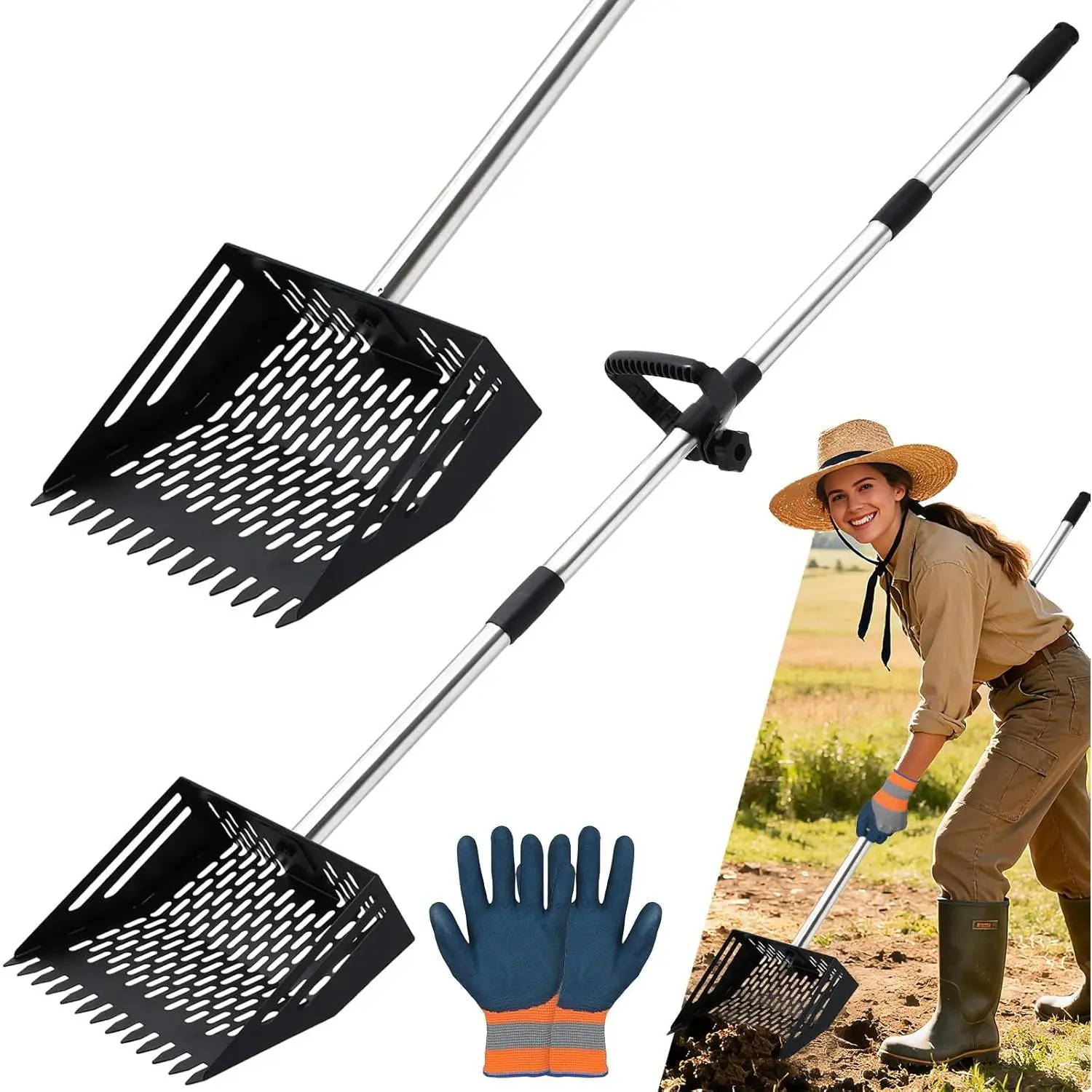 2-in-1 Chicken Poop Scooper & Rake, 10 Inch Coop Sand Sifting Shovel with 37" to 65" Adjustable Stainless Steel Handle, Litter Cleaning Tools with Gloves  Chicken Coop Farm Animals (Black)