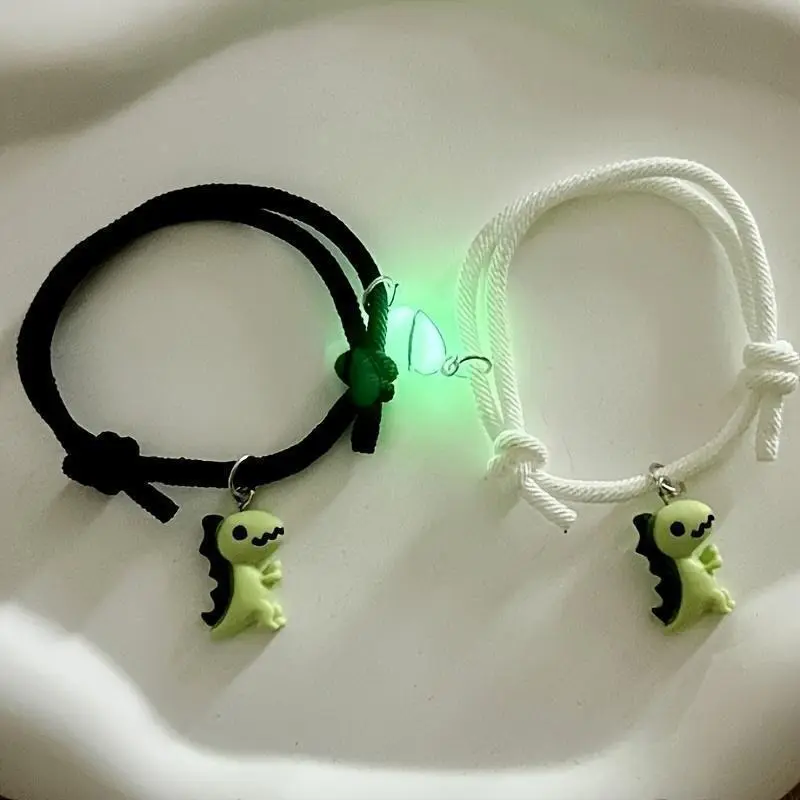 2pcs Adorable Dinosaur & Glowing Heart Pendant Bracelets - Zinc Alloy, Adjustable Rope Design for Couples Perfect Casual Attire or Valentine'S Day Gift delicate gift surprising