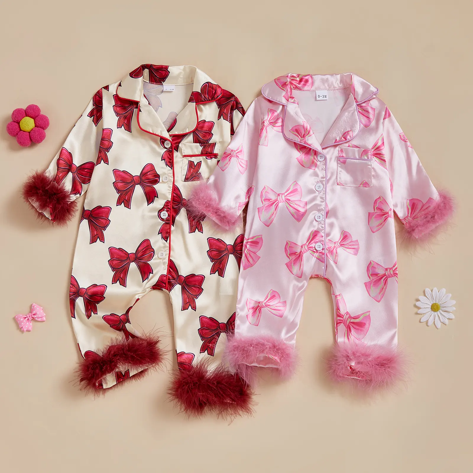 Newborn Baby Girl Button Down Romper Bow Strawberry Fuzzy Cuff Long Sleeve Jumpsuit Clothes 0-24 Months