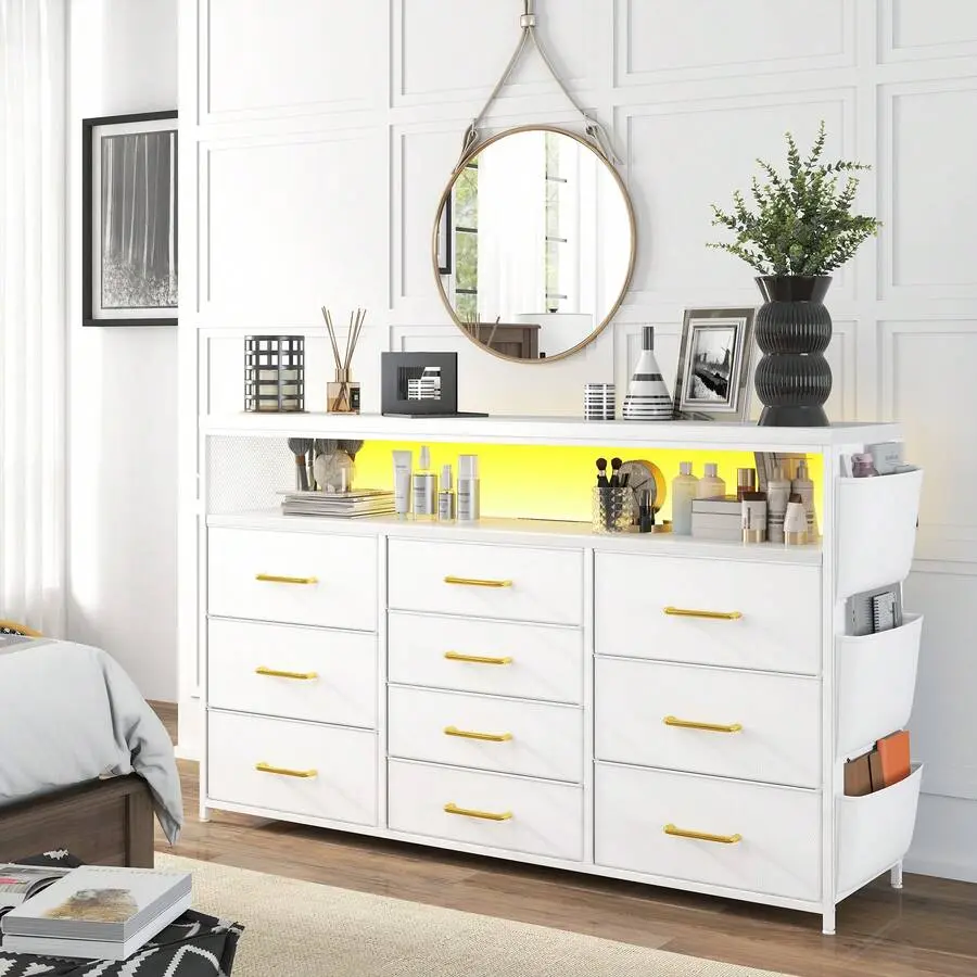 55''TV Stand 10 Drawer Dresser With Charging Station And LED Lights,Chest Of Drawers With Side Pockets And Open Shelving,Metal Frame & Drawers