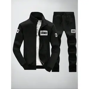 Men's Letter Print Zip Up Sweatshirt & Drawstring Waist Sweatpants Set, Casual Funnel Neck Long Sleeve Outerwear & Pocket Jogger Pants for Spring & Fall
