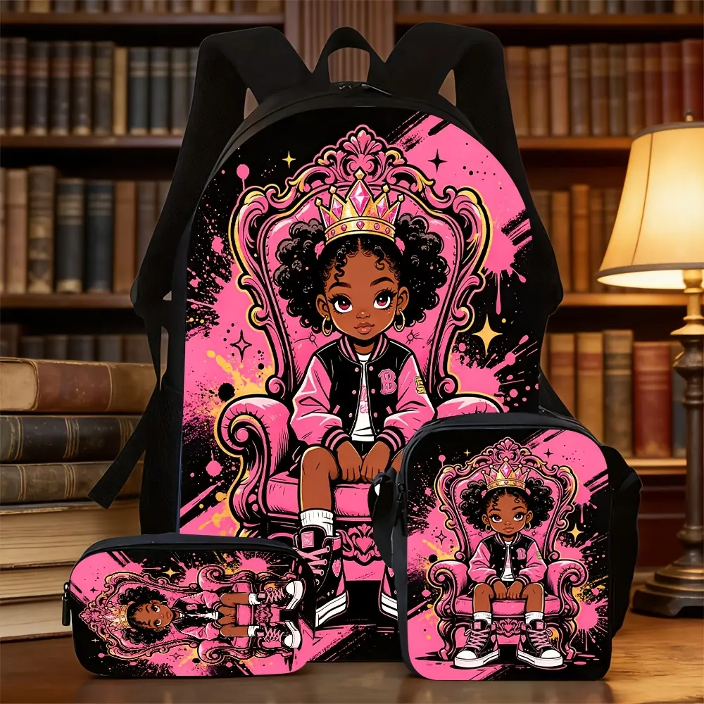3pcs Polyester School Backpack Set Pack - Cute Stylish Daypacks with Printed Art (Black Princess, Curly Hair Black Girl on Pink Noble Throne), Pencil Purse, Meal Bag for Daily School Use