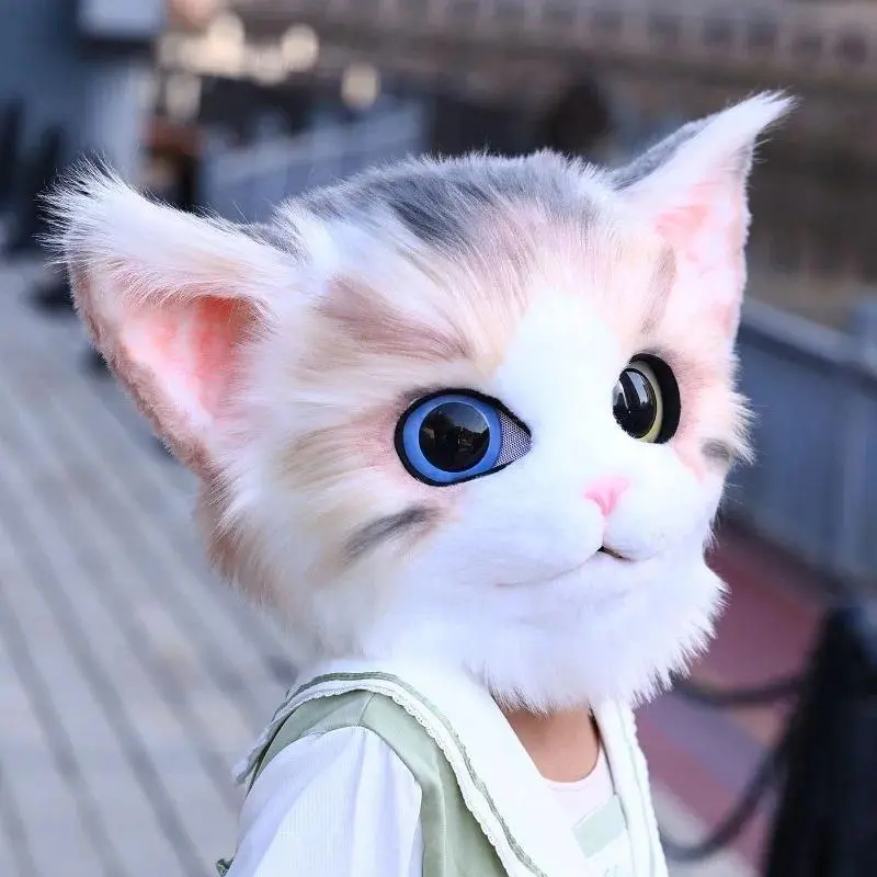 Fursuit Cat Kigurumi Head Mask One Size Plush Furry Headgear for Lolita Cosplay Comic Con Party Stage Performance Costume