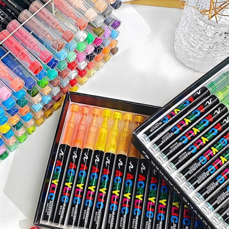 Acrylic Paint Marker Pen Set, Art Marker Pen, Brush Tip Markers, Brush Markers, 1 Box Acrylic Paint Pen for Wood, Stone, Canvas, Glass, Fabric, Egg, Rock Painting and DIY Crafts, Brush Pens, Flexible Tip Marker