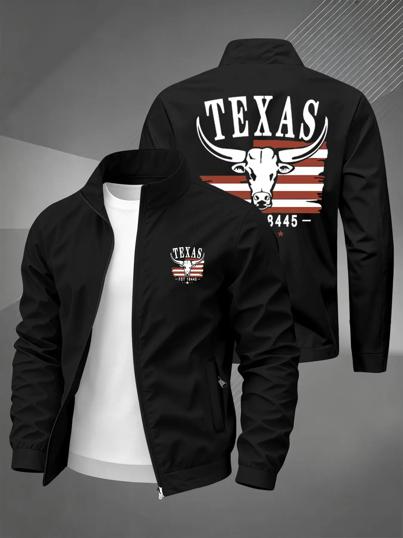 Men's Texas Flag Print Zipper Jacket, Casual Fitted Outerwear, Windproof Lightweight Coat, All-Season Western Style, Multiple Colors Available