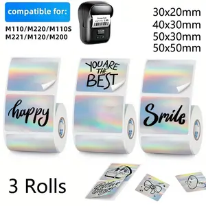 3 Rolls Thermal Label Paper, Square Laser Silver Color, Waterproof Oil-Resistant Scratch-Proof, for M120/m220/m110/m200, Holiday Gift Labels
