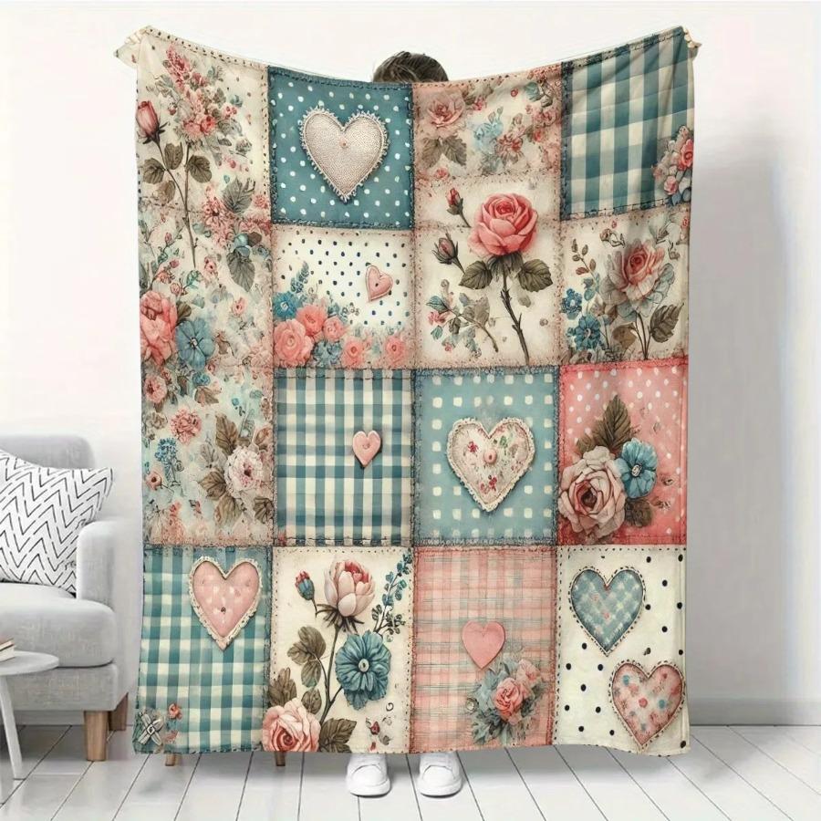 Colorful Floral Patchwork Blanket – Cozy Flannel Throw for Couch, Bed, Travel, All Season