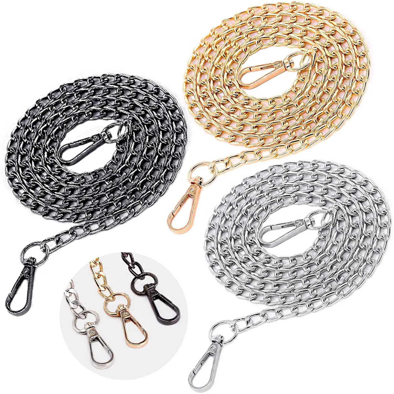 3PCS Luxury Fashion 47 Inch/120cm Replacement Flat Chain Strap with Buckles Set,  Perfect for DIY Metal Shoulder Cross Body Bag Hand Bag Purse Replacement