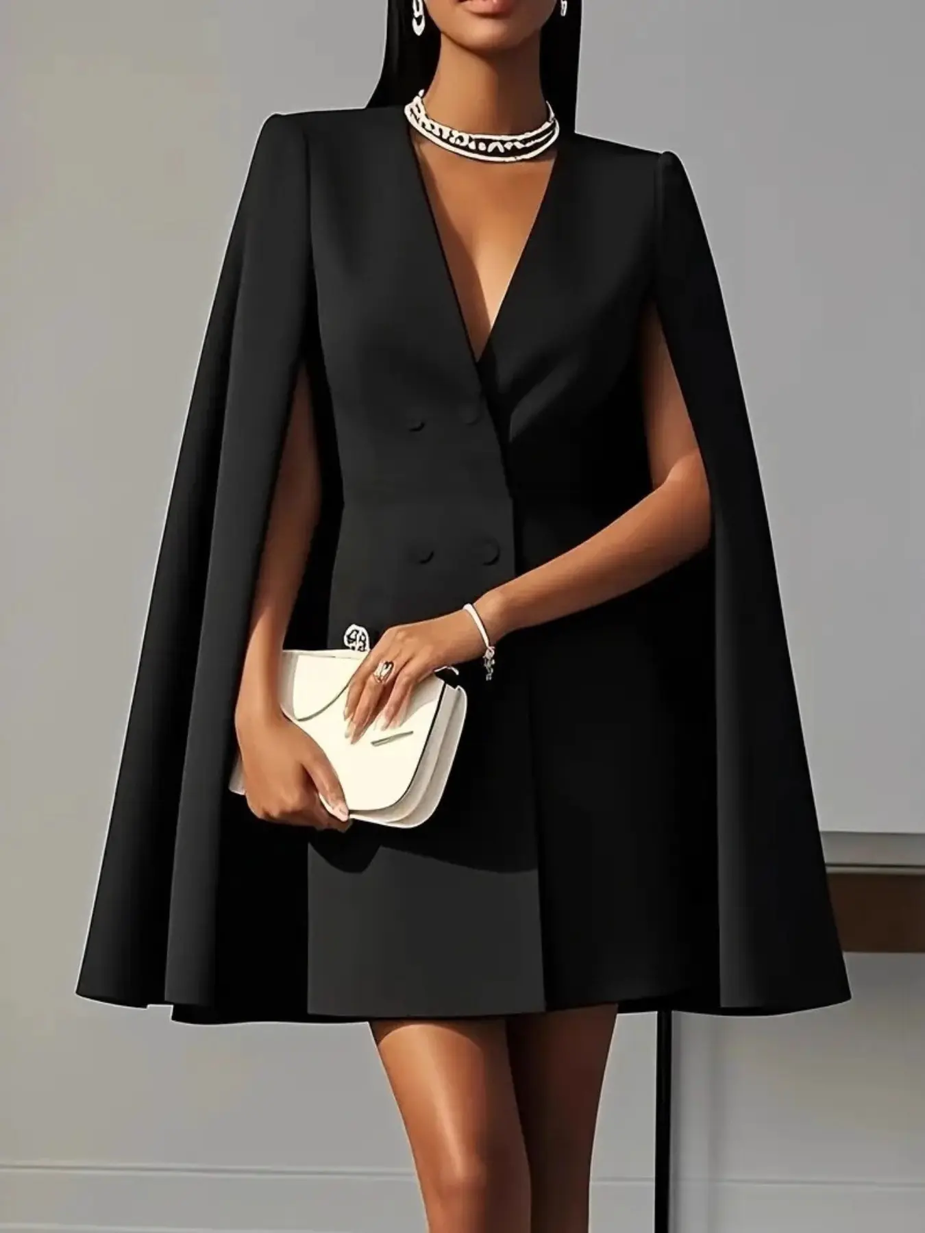 Women's Blazer Cape Dress, V-Neck Double Breasted Mini Dress, Elegant Formal Party Dress with Cape Sleeves, 4 Colors Available