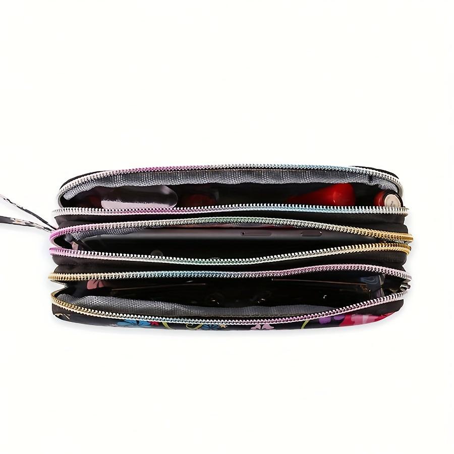 Women's Long 3-Layer Cell Phone Wallet Clutch Bag with Random Print Fabric Coin Purse Ladies' Small Handbag