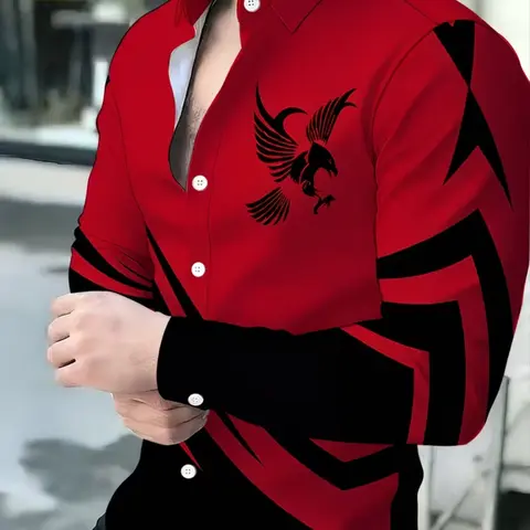 Eagle Pattern Print Men's Long Sleeve Shirt, Casual Fashion Patchwork Design, Lightweight Breathable Trendy Top, Slim-Fitting H-Type, Fashion Trendy Clothes