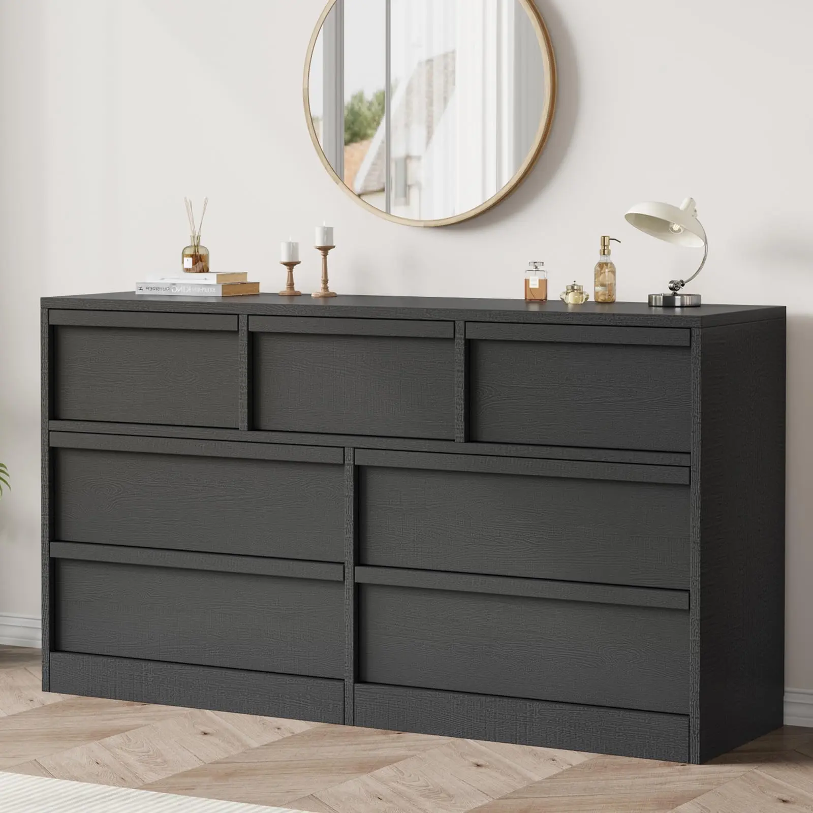 7-Drawer Wooden Dresser - Single Unit Wood Buffet Table with Sturdy Base, Large Storage Contemporary Home Decor Organizer for Bedroom, Living Room, Nursery
