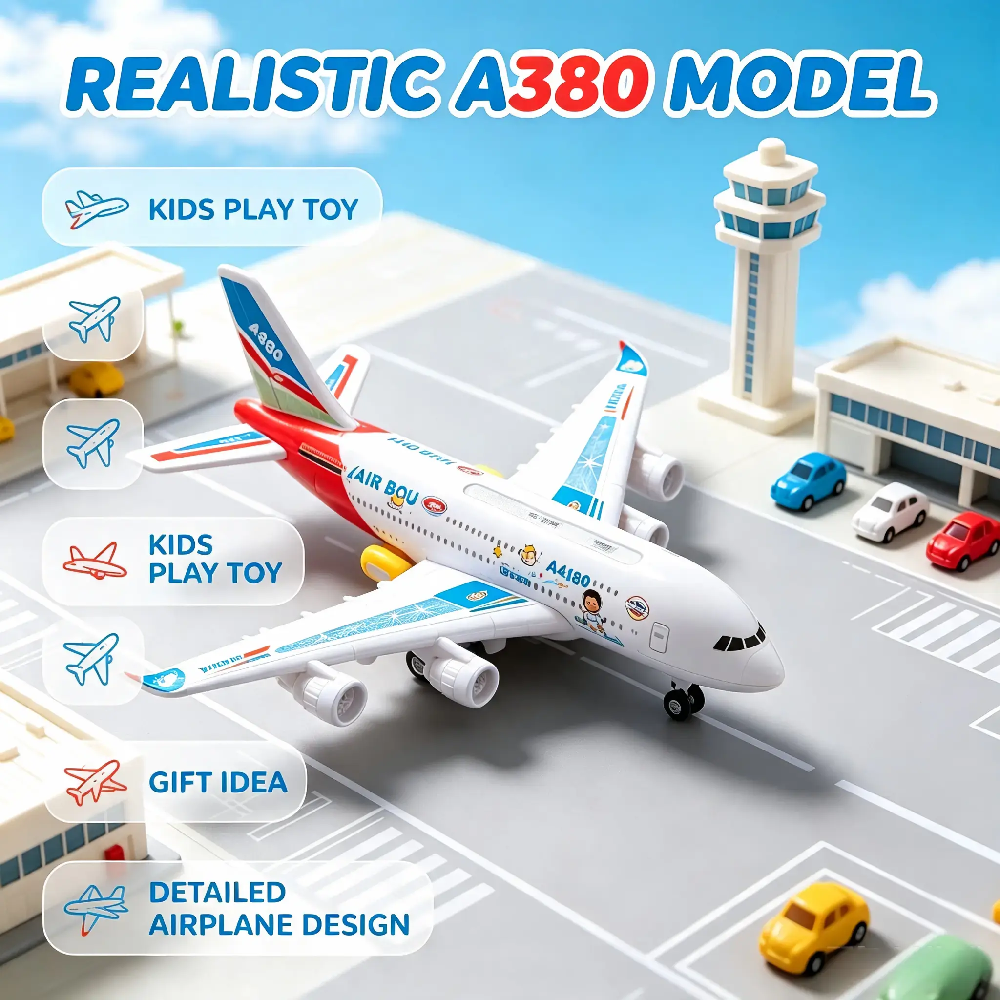 Unisex A380 Model Electric Light-Up RC Airplane Toy for 3-4 Years Old Kids - Bump & Go Auto Turn, Realistic Sounds, Transportation-Themed Aircraft, Plastic
