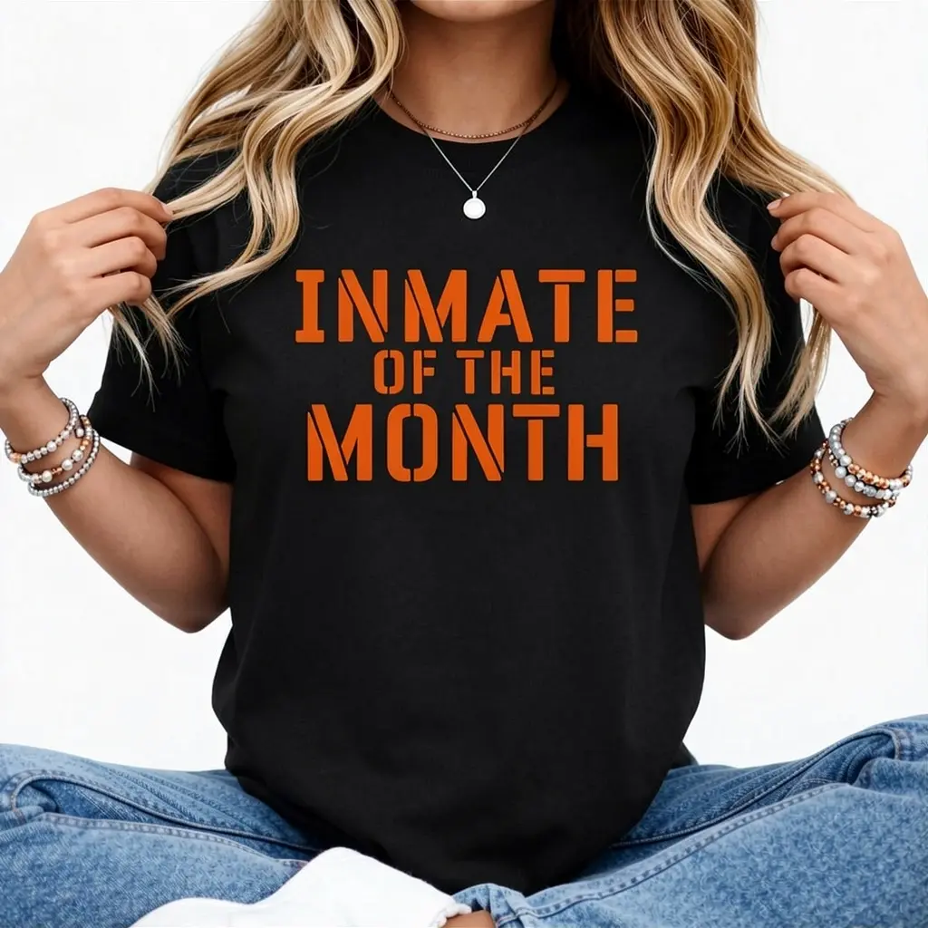100% Cotton Humor Print T-Shirt Inmate of The Month Prison Jail Funny Halloween Easy Costume T-Shirt, 100%, Gift for Men Women