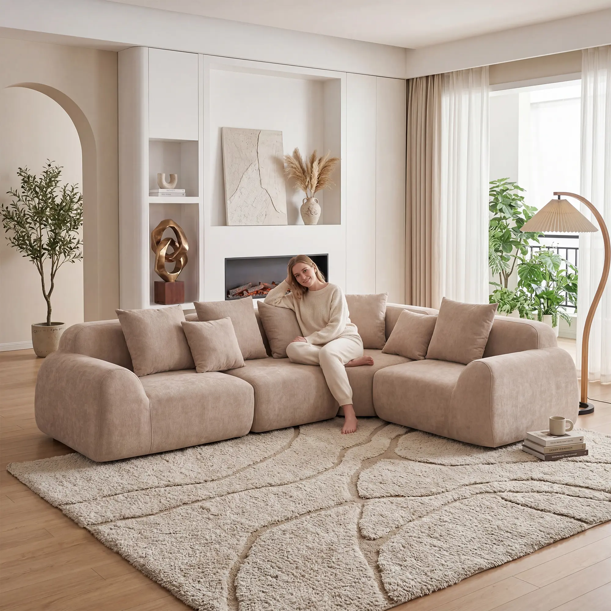 Nokaa Oversized Cloud Velvet Curved Sectional Couch 118in L-Shape Chaise Modular Sofa with Compression Memory Foam, No Assembly Required, Beige, 4-Seat, Medium-Soft