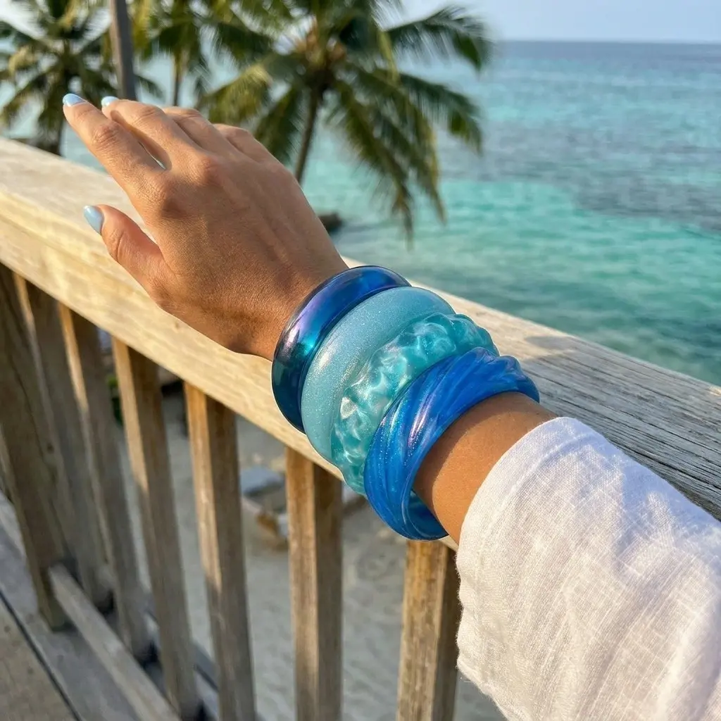 Chunky Resin Cuff Bracelet for Women, Iridescent Ocean Wave Jewelry, Coastal Beach Style for Party, Anniversary Gift, Birthday, Casual, Cowhide, Evening, Female, Decor Bracelets, Adjustable Cuff Bracelet