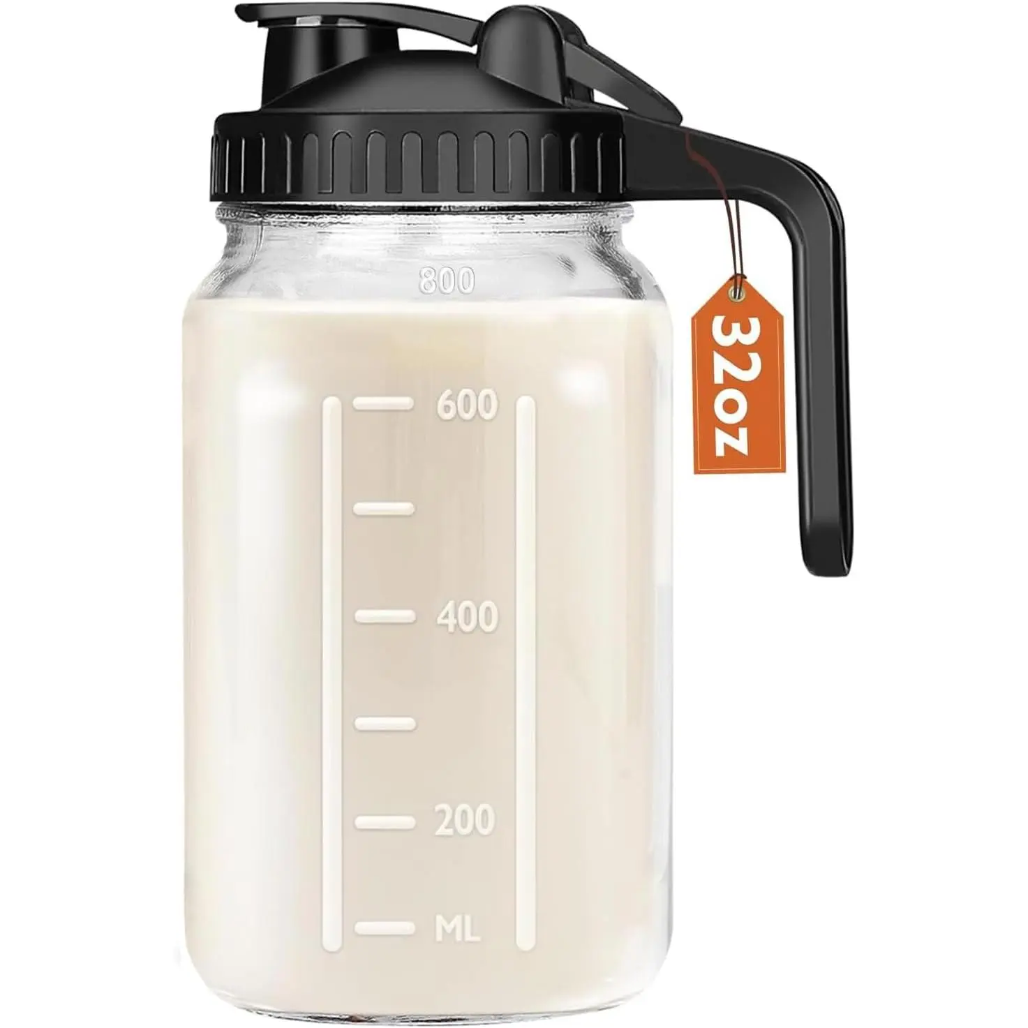 32 oz Breast Milk Pitcher, 1 Quart Glass Mason Jar with Lid | ,Double Leak-Proof Lid,Wide Mouth,Thick Glass,Sturdy Handle ,Measurement Marks,Flip Cap ,Smooth Spout