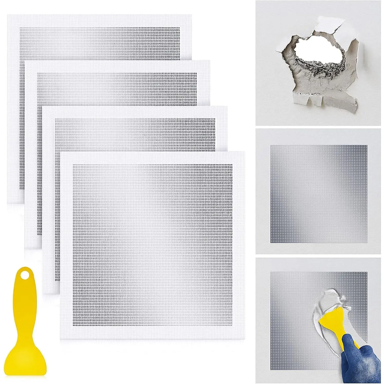 4 count 10 x10 Inch Drywall Repair Kit Self Adhesive Mesh Drywall Repair Patch Set with Sanding Pads and Scraper Heavy Duty Metal  Dry Hole Patch Tools for Large Hole Wall Ceiling Tool