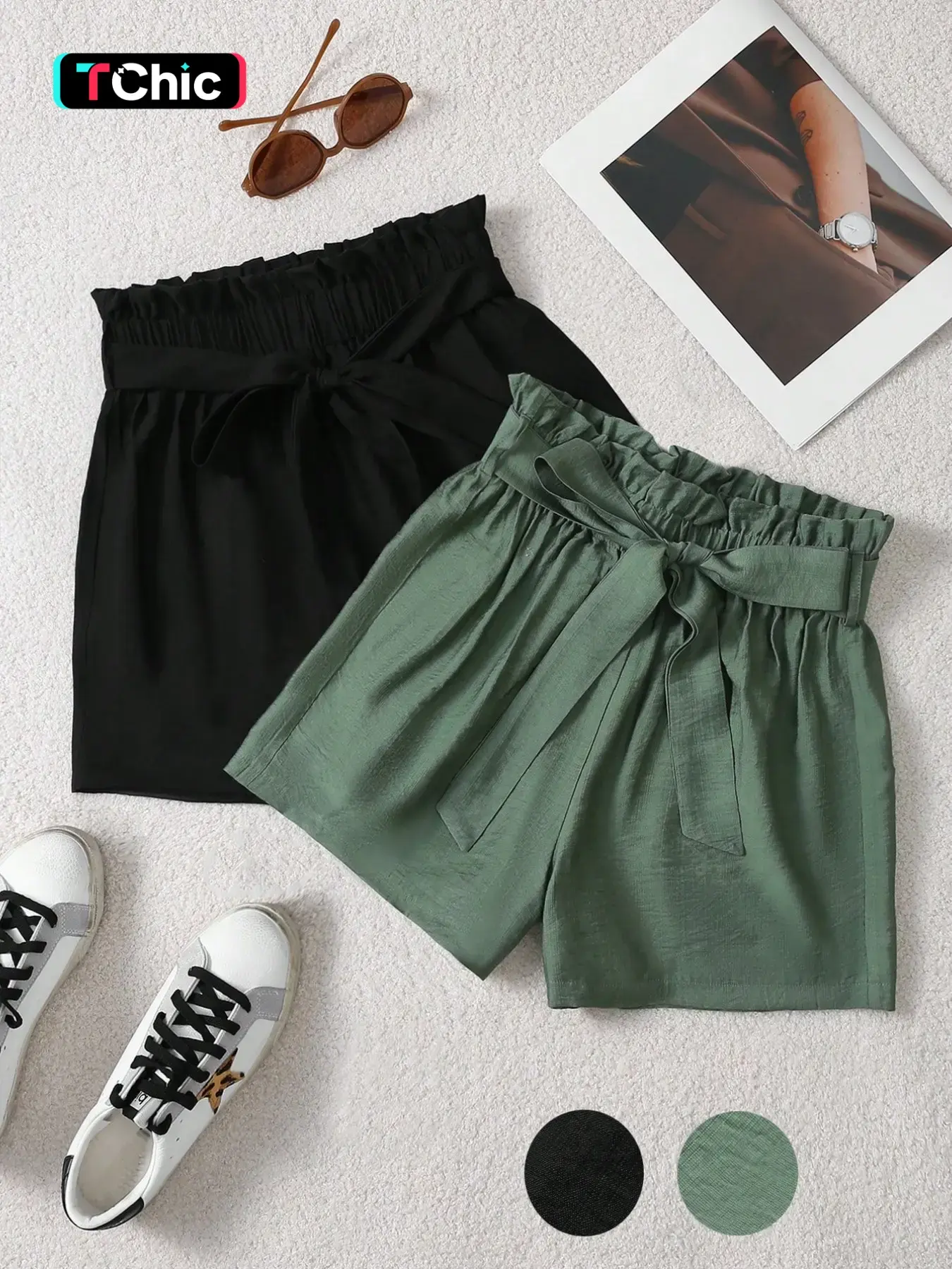 2-Pack Solid Color Casual High-Waisted Paper Bag Shorts, Tie-Belt Design, Perfect for Commuting and Vacation, Comfortable and Stylish