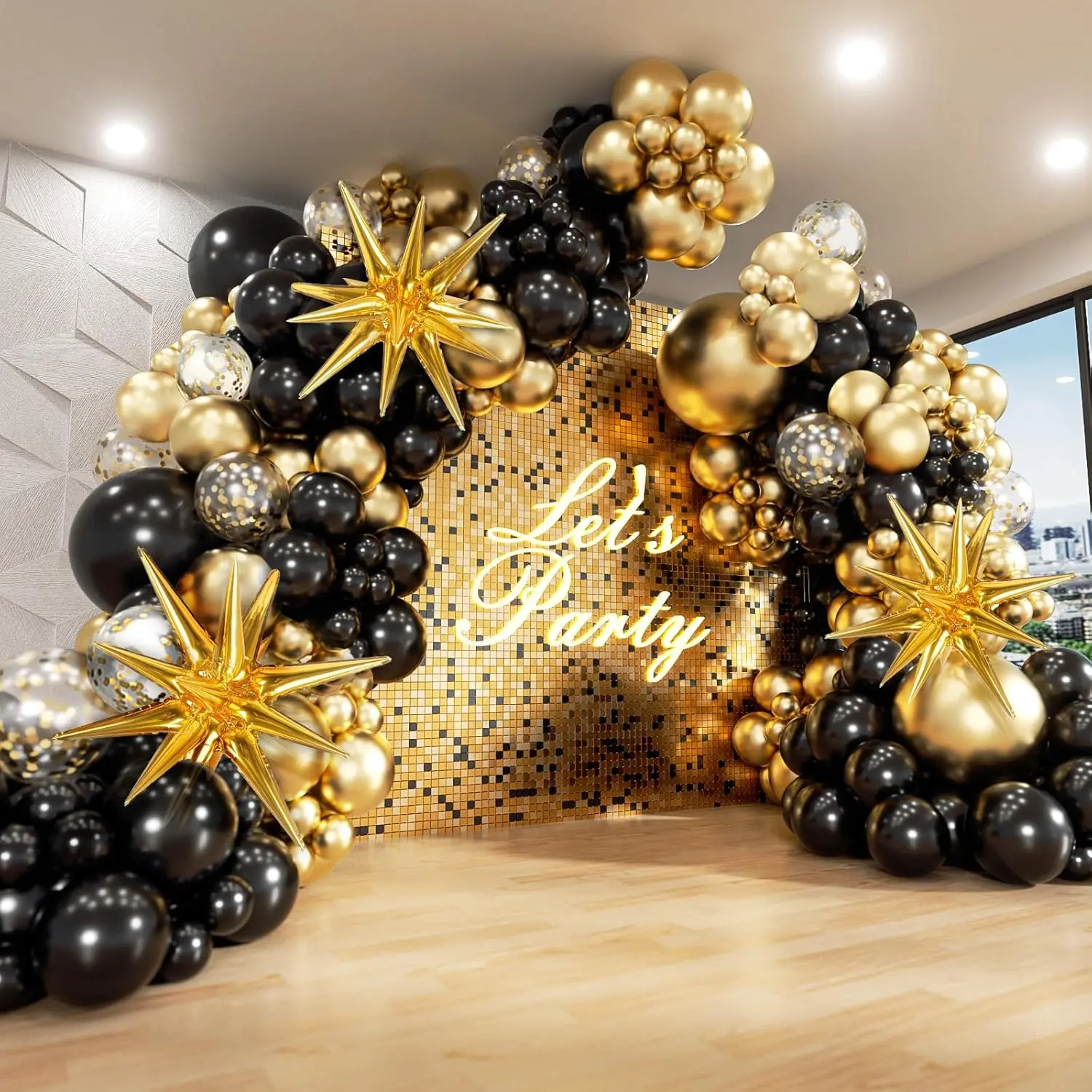 Black and Gold Latex Balloons Garland Arch Kit - Colorful Arch Balloons with Various Inches (5,10,12,18in) Confetti for 2025 Graduation Party, New Year Celebrations
