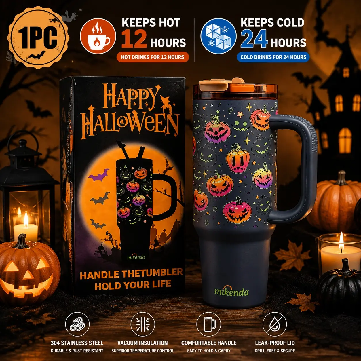 40oz Halloween Glow Pumpkin Insulated Cup, Stainless Steel Travel Mug, Night Light Design, Large Capacity, Perfect for Parties and Gifts