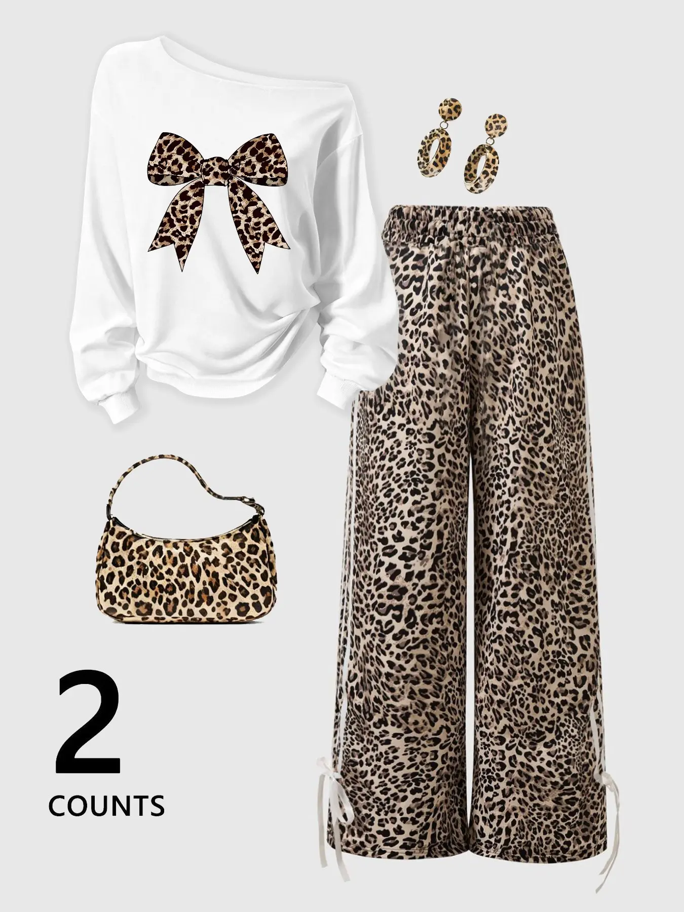 Women's Spring Fall Casual Outfit Set, One-Shoulder Long Sleeve Sweatshirt + Leopard Leggings, Side Stripe Print, Perfect for Daily and Outdoor Wear