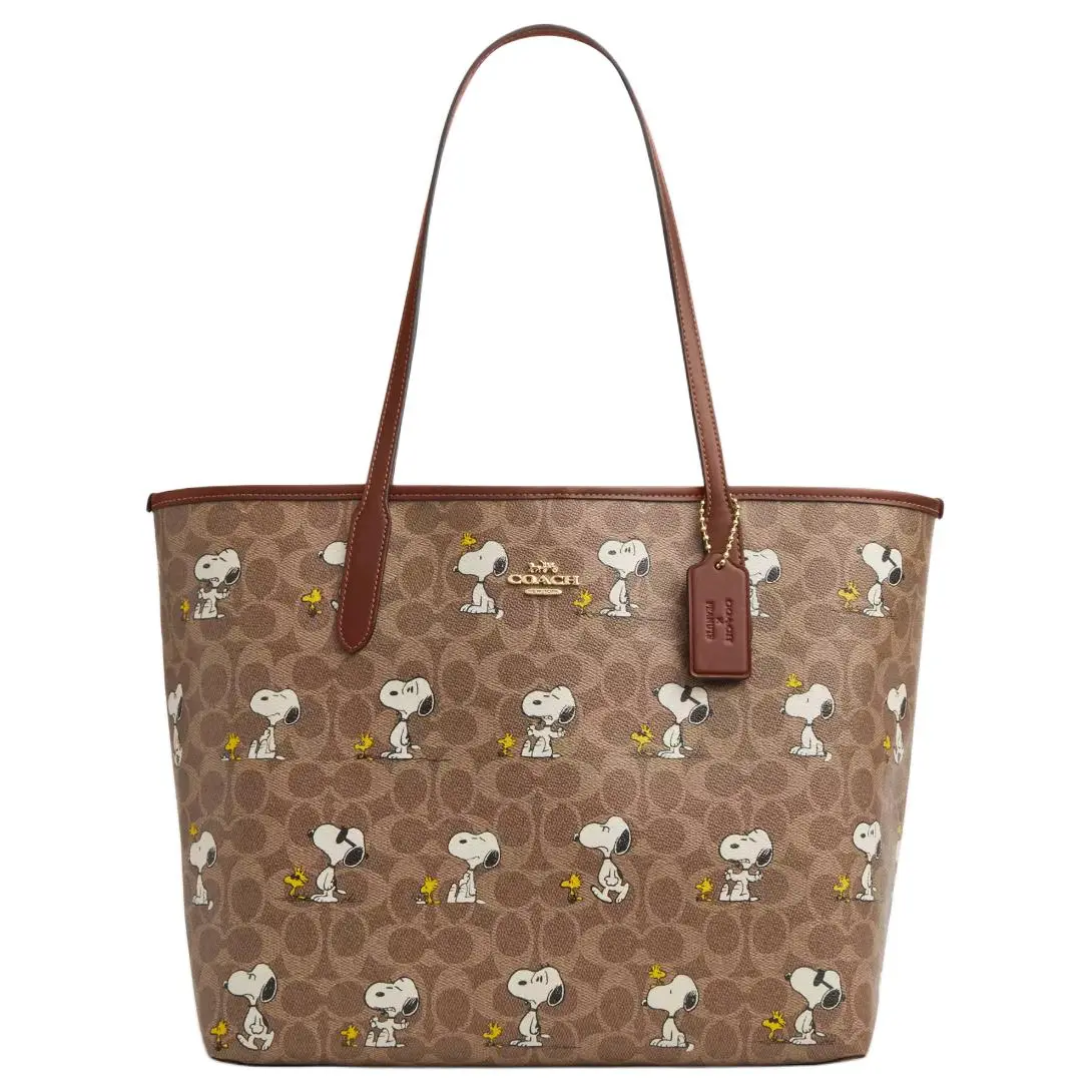 Coach x Peanuts Snoopy City 33 Tote Bag for Women, Logo-Print Coated Canvas, Casual Style, Brown