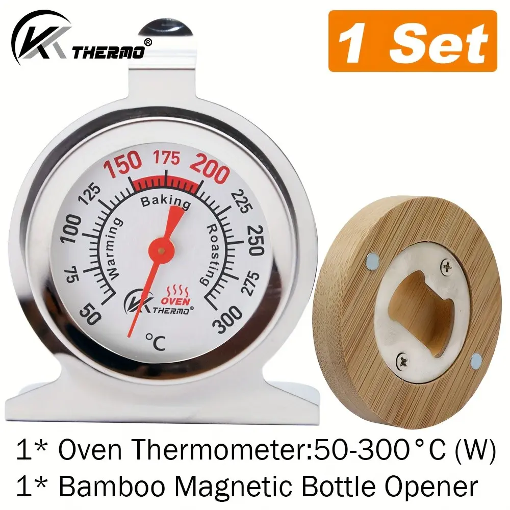 Kitchen Tool Set with Bamboo Magnetic Bottle Opener, Oven Thermometer 0-300℃, Stainless Steel Baking Thermometer, Ideal Gift for Home Cooks