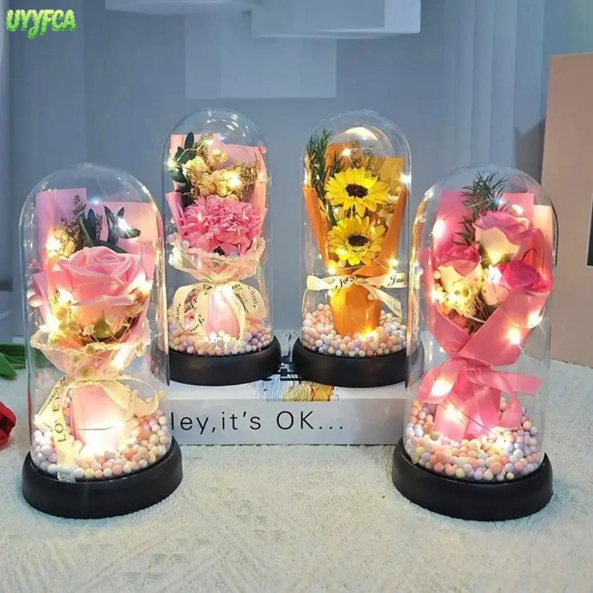 2026 New Lighted Acrylic Dome Eternal Flower Bouquet - Preserved Rose, Carnation & Tulip Bouquet Flowers, Room Decor Instant Centerpiece Decor with Glow That Adds Ambiance at Night, Unisex Mom Gift for Valentine Home Festive Party Supplies