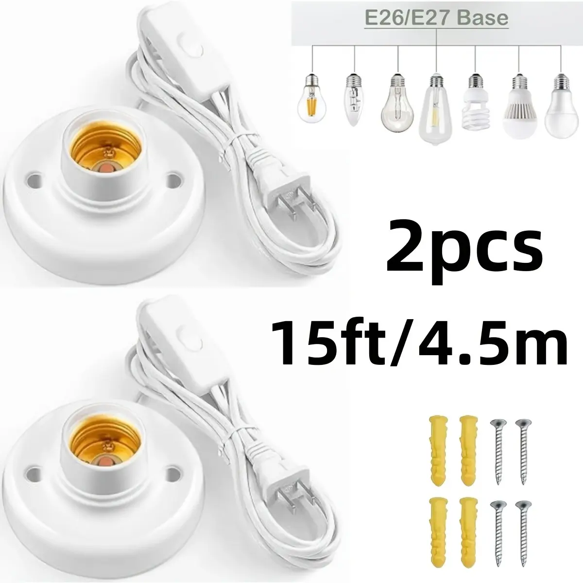 2pcs 15ft/4.5m E26/E27 Lamp Base Socket with Cord, On/Off Switch, Desktop & Hanging Use, Plug-In Light Bulb Extension Socket
