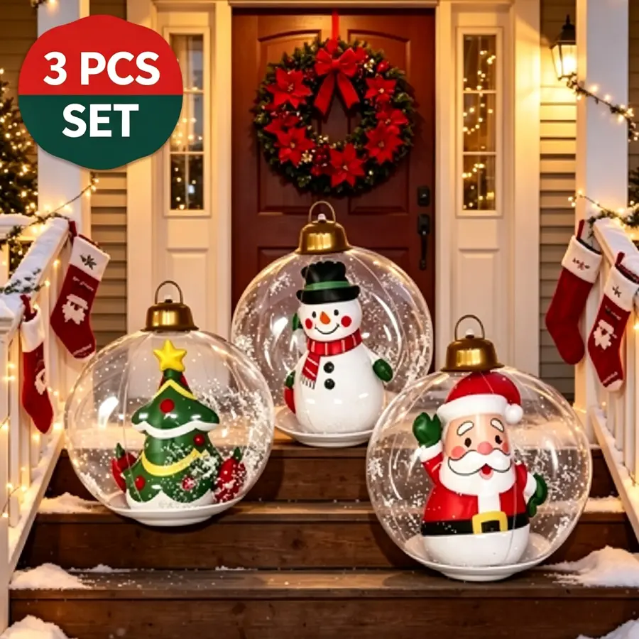 3-Pack 24 inch giant Christmas inflatable decorative balls, transparent PVC Christmas ball decorations, Christmas tree/Santa Claus/snowman and snow white foam, outdoor indoor courtyard porch party hanging festival decorations