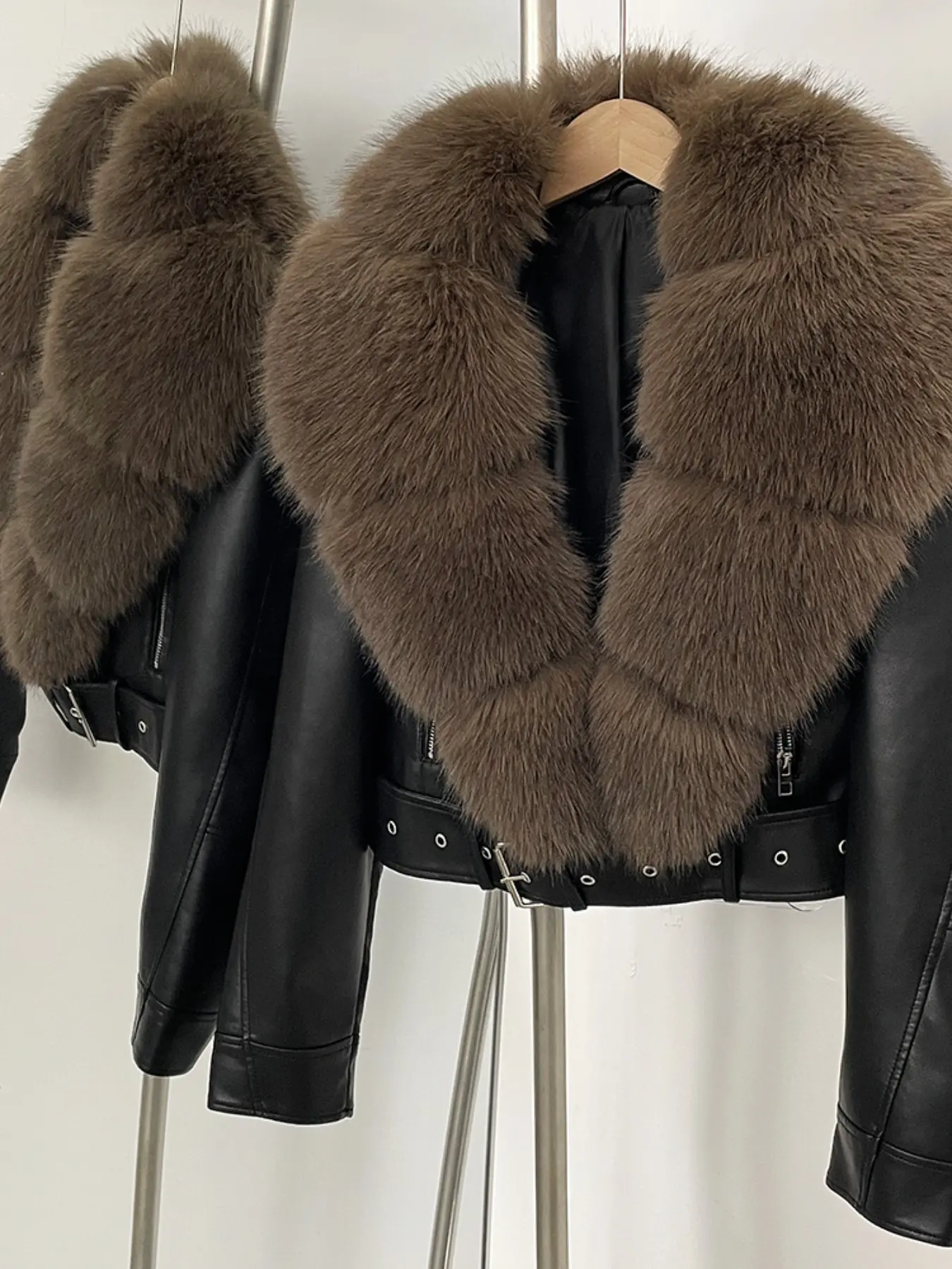 Oftbuy Eco-Friendly Vegan PU Short Leather Jacket for Women, All Season Jacket, Artificial Faux Fur Collar, Moto-style Fashion Trendy Cross-Border Fashion Outerwear