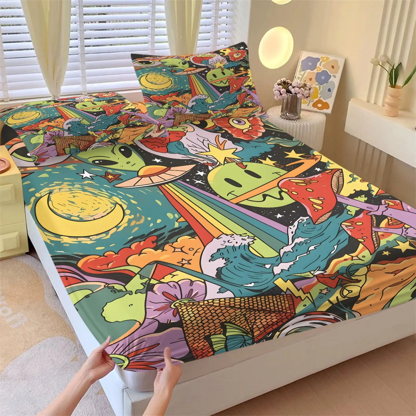3-Piece Psychedelic Hippie Alien Graffiti Fitted Sheet Set-Soft Wrinkle-Resistant Bedding-Green Aliens UFO Rainbow Beam Patterns-Ideal for Trendy Youth Bedroom Gaming Room Personalized Dorm Decor