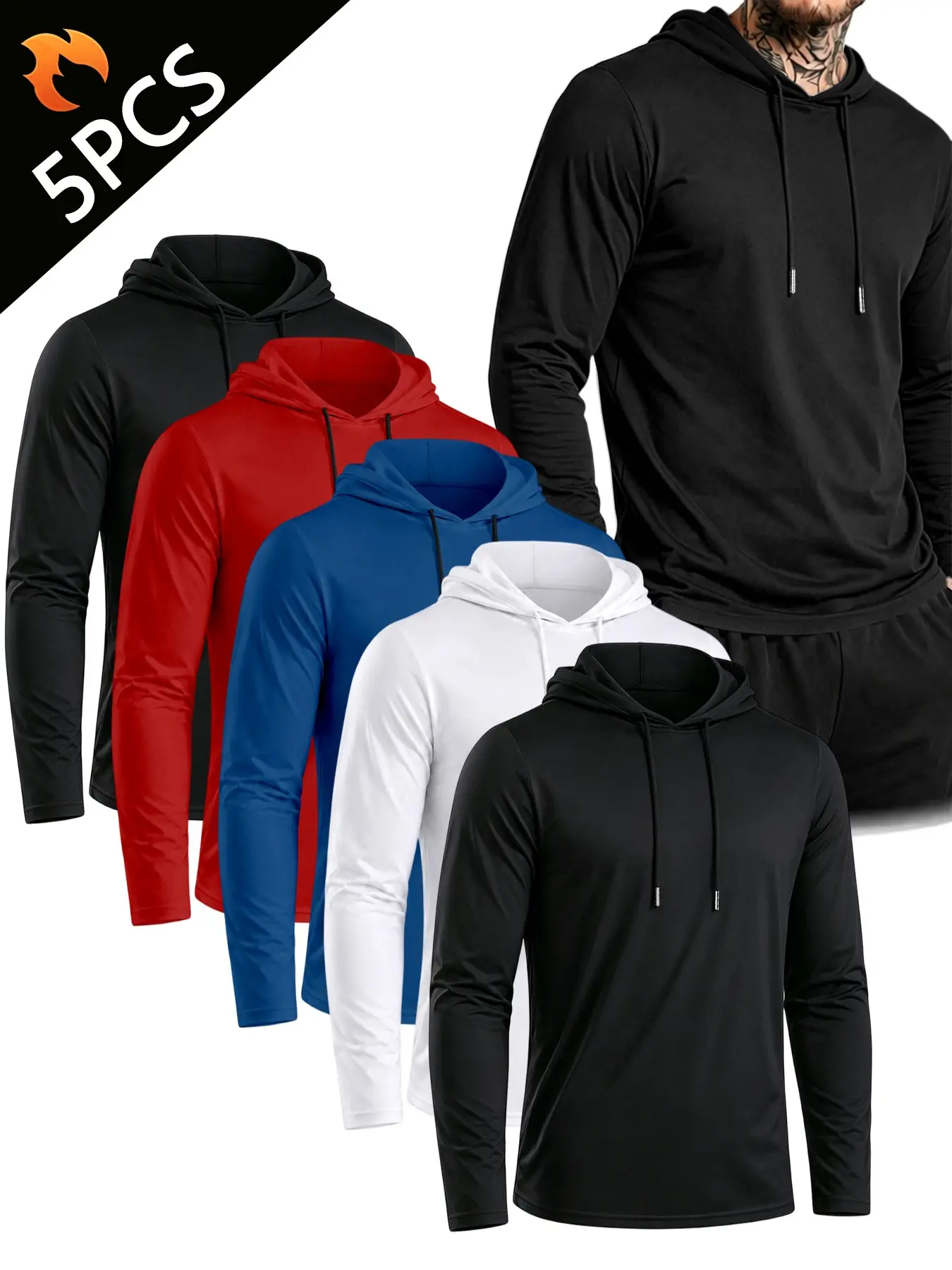 Men's Plain Hooded Long Sleeve T-Shirt 5-Pack, Fitted Cut, Muscle-Fitting, Slimming Effect, Casual Wear, Fitness Apparel, Fitness Clothes Tops, Spring & Fall, Fitness Shirts