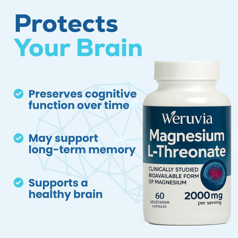 Magnesium L-Threonate, Magtein, Brain Supplement for Memory, Focus, Sleep & Cognitive Support, Highly Absorbed Magnesium L-Threonate, Non-GMO, Non-Laxative - 2000 mg, 60 Veggie Capsules