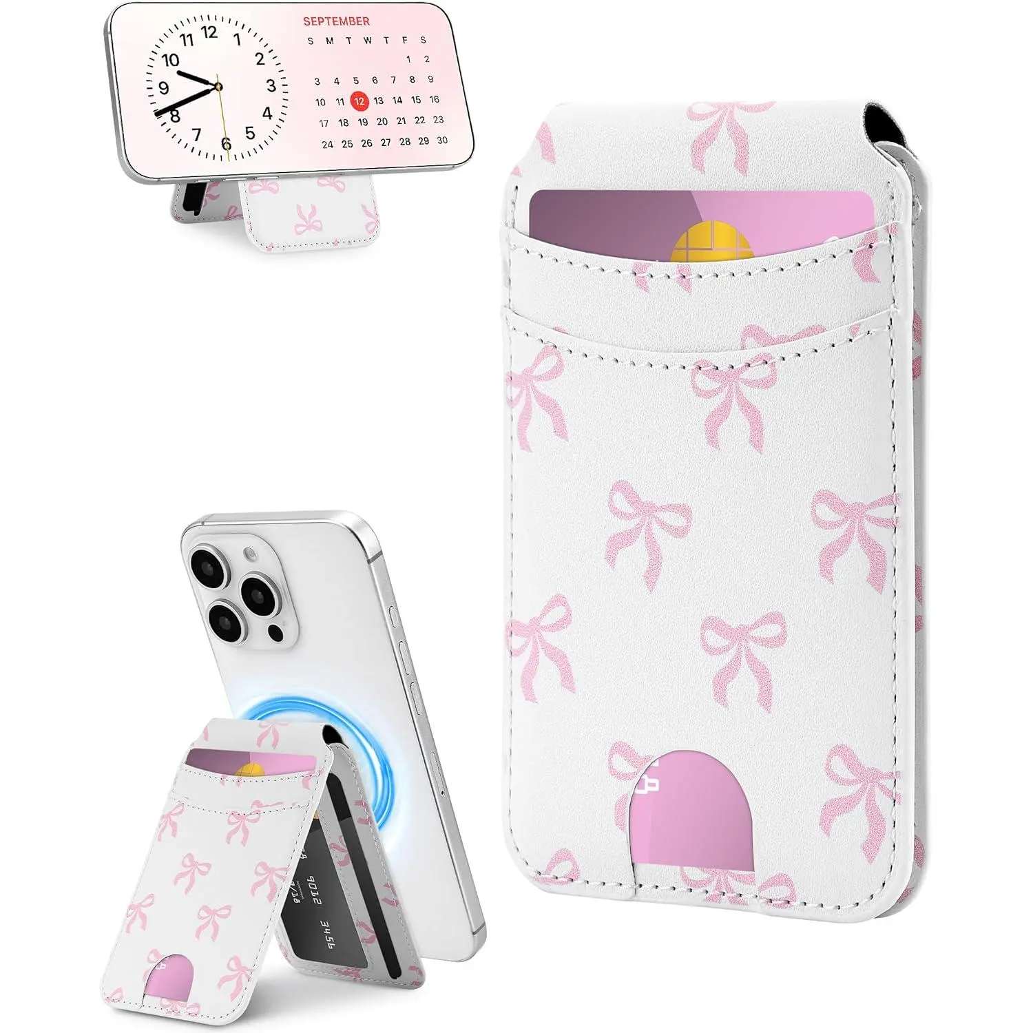 Jusy Magnetic Mobile Phone Card Holder, Soft PU Adjustable Wallet Stand with Cute Pink Bow, 7 Cards Fit, Strong Magnetic Grip, Universal Phone Compatible for Women