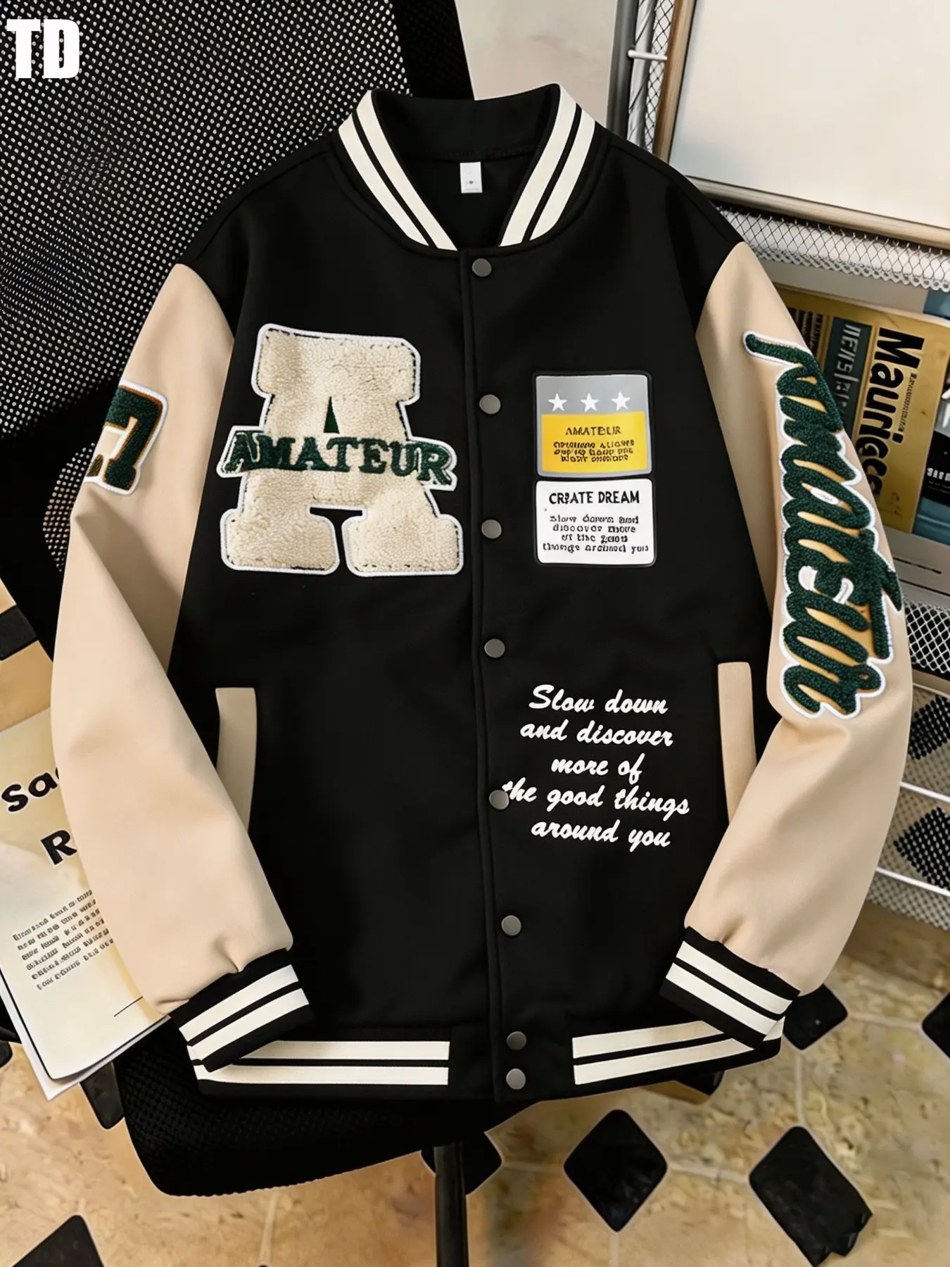 Td American Vintage College Style Patchwork Baggy Baseball Jacket, Fleece Large a Letter Amateur Embroidered Outerwear Jacket, Slow Life Philosophy Coat, Street Fashion Casual Varsity Jacket