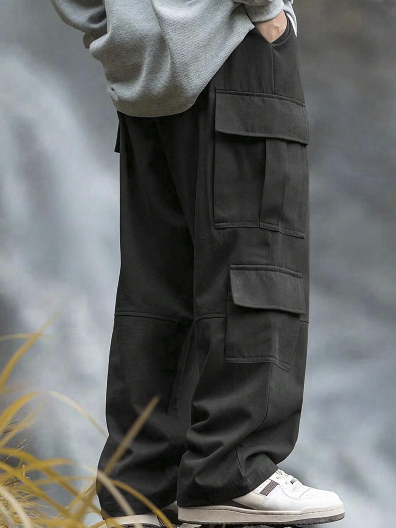 Men's Solid Pocket Cargo Pants, Loose Casual Street Fashion Drawstring Waist Trousers for Daily Wear, Men's Bottoms for All Seasons, Casual Comfy Trouser