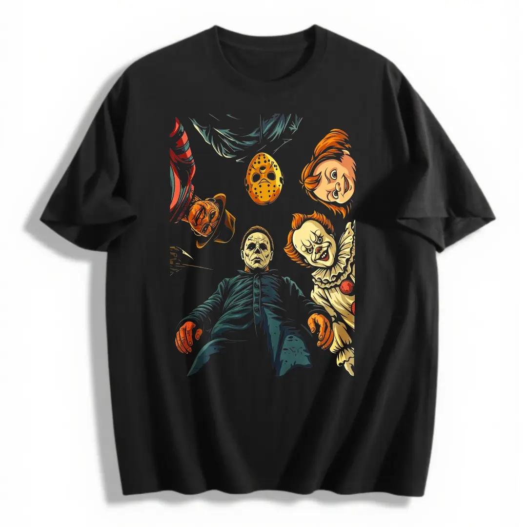 Retro Halloween Characters Tshirt, Vintage Halloween Horror Movie Shirt, Trendy Graphic Scary Movie Tee, Spooky Season，100% Cotton Unisex Oversized  Tshirt (S-5XL) ﻿