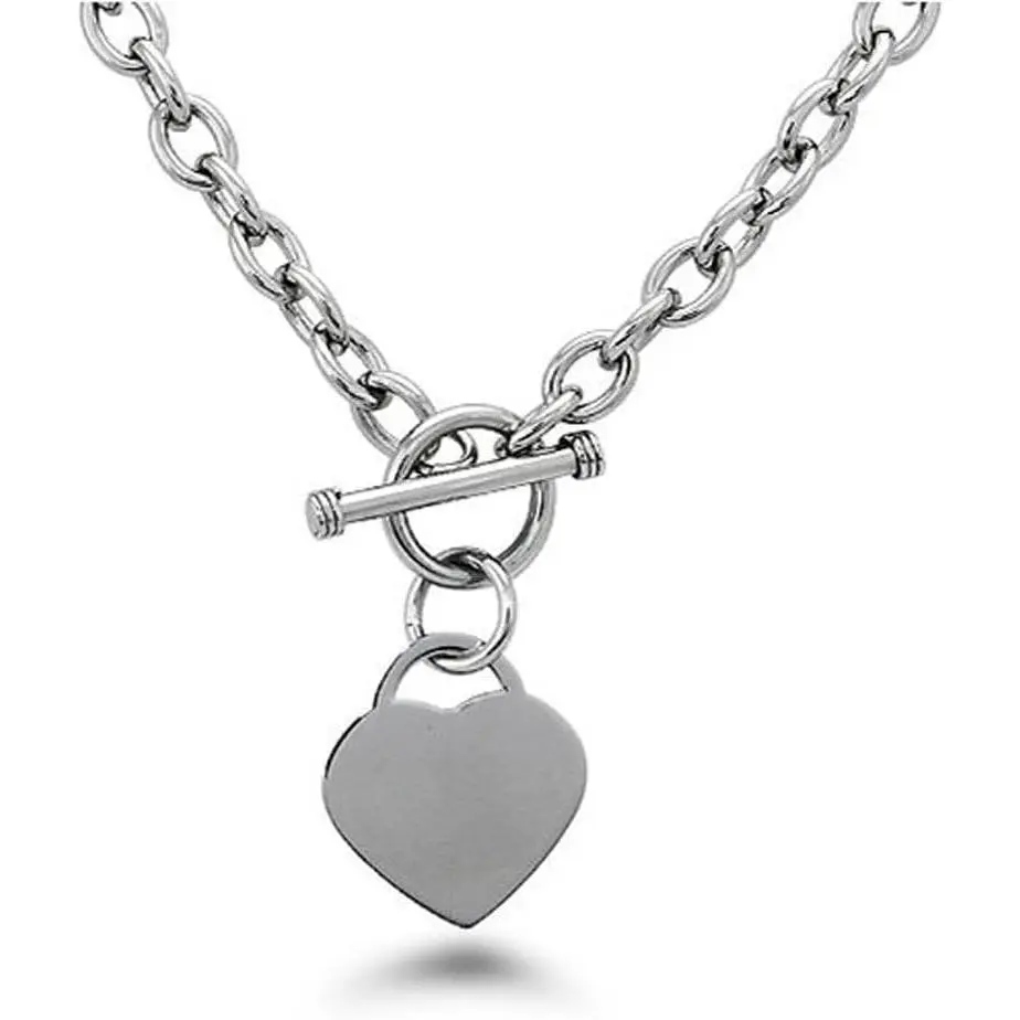 High Polished Stainless Steel Heart Charm  Chain Necklace with Toggle Clasp  Length 16"- 25"