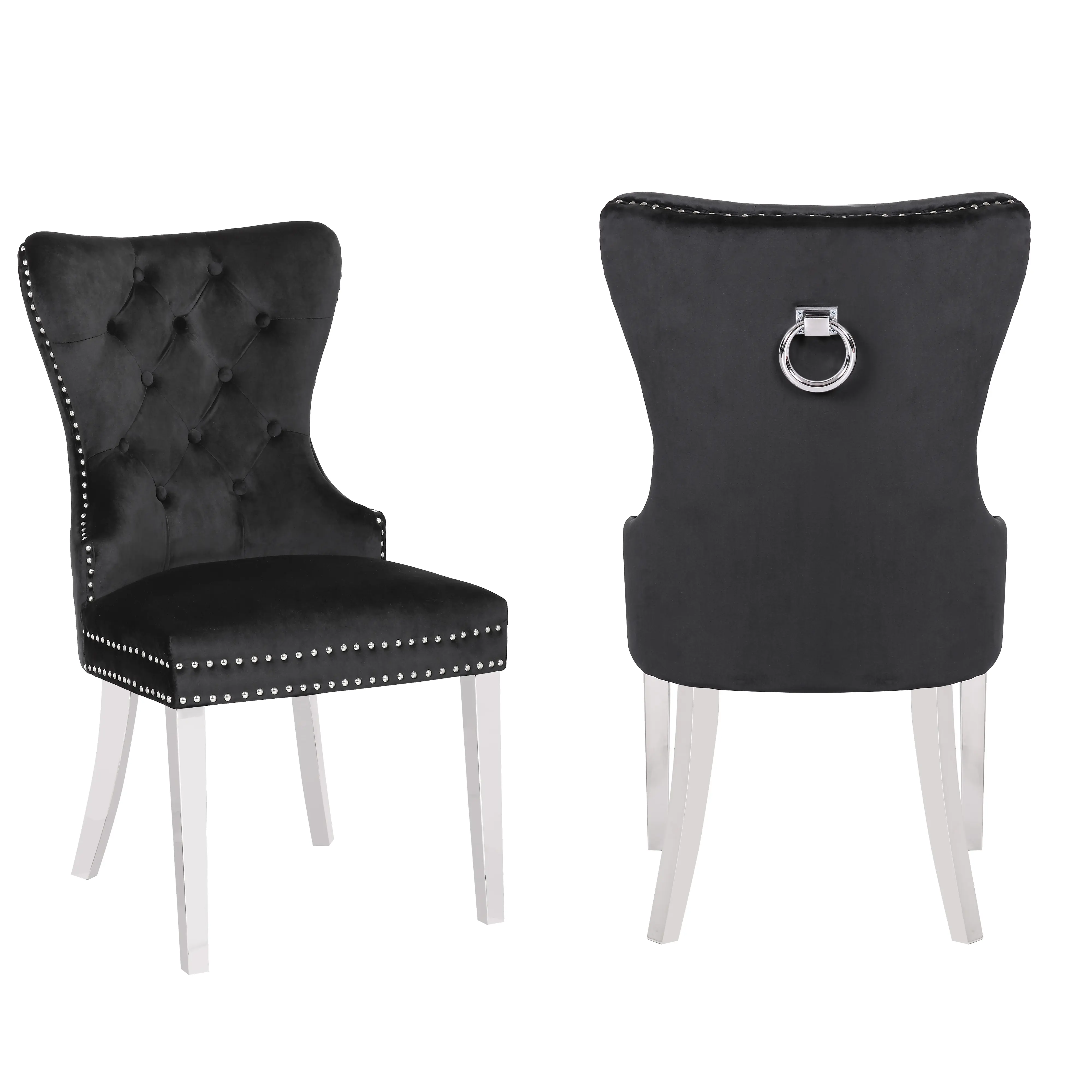 Nokaa 2-Pack Velvet Tufted Dining Chairs with Stainless Steel Legs, Button-Tufted Back, Solid Wood Frame, Accent Chairs for Living Room, Dining Room, Kitchen, Transitional Style, Black, Easy Clean